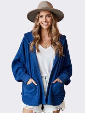 Oversized Fleece Button Jacket in Navy | S–3X | New